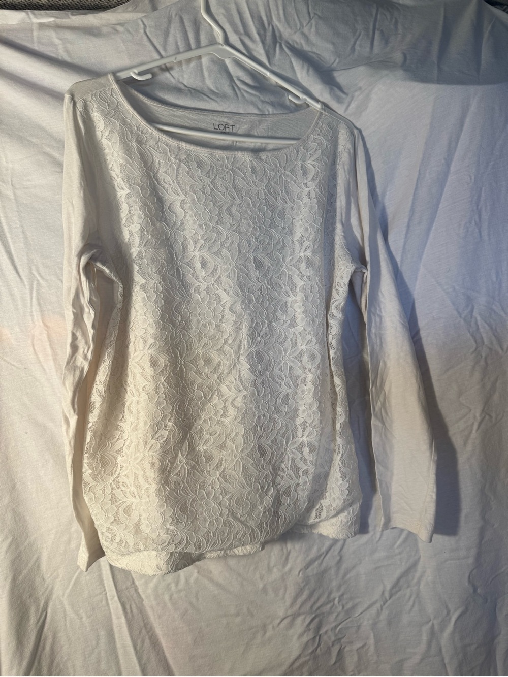 LOFT White/ Cream Lace Front Long Sleeve Top Blouse L Romantic Boho Cottagecore